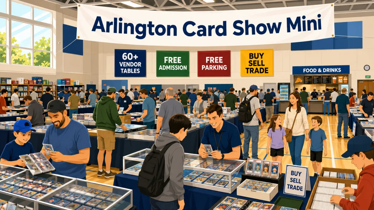 Arlington Card Show Mini banner above a gymnasium packed with 60+ vendor tables, glass cases of graded cards, and kids flipping through dealer bins.