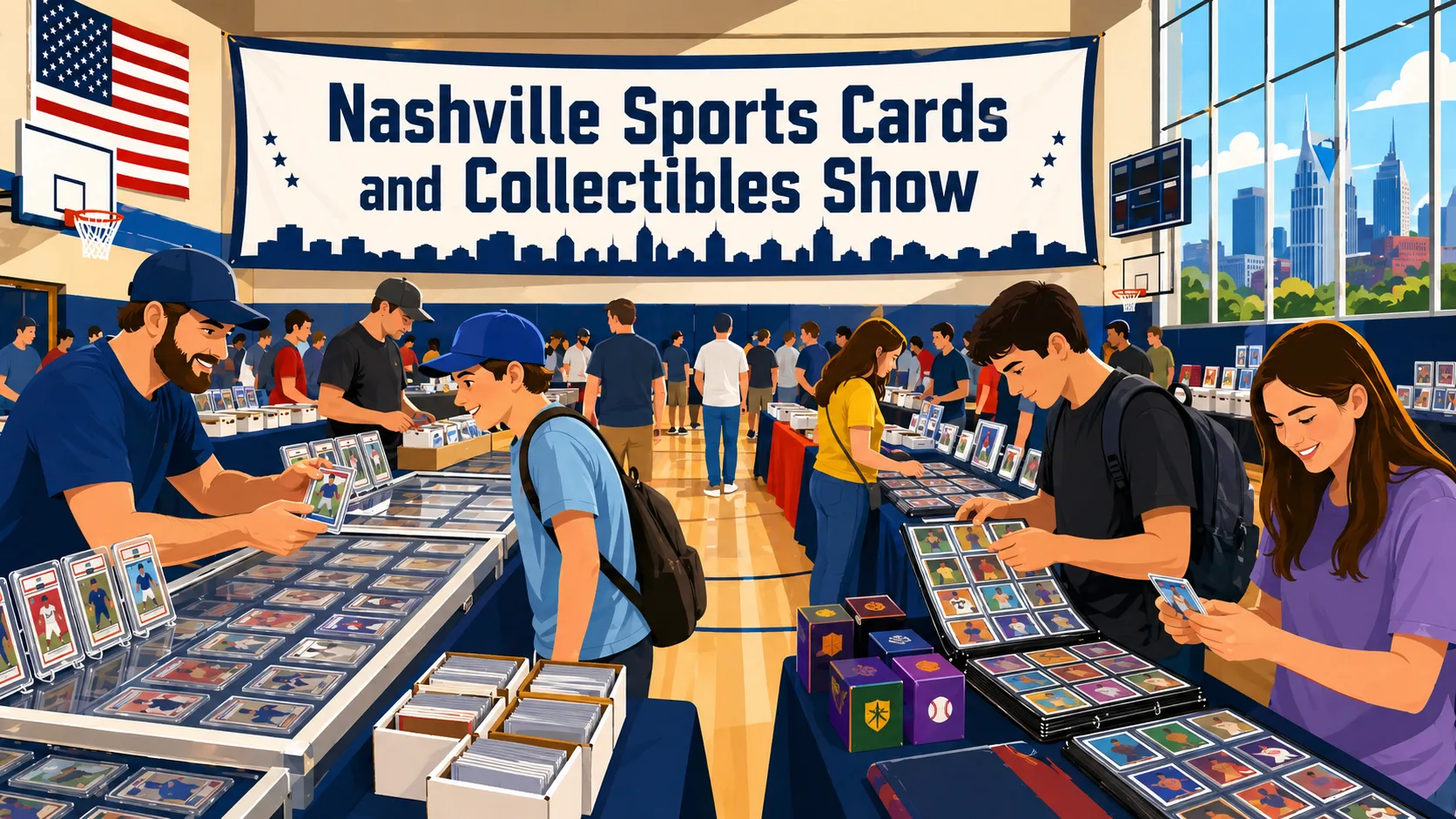 Nashville Sports Cards and Collectibles Show in a gymnasium, with collectors browsing graded card slabs, binders, and vendor tables under the city skyline.