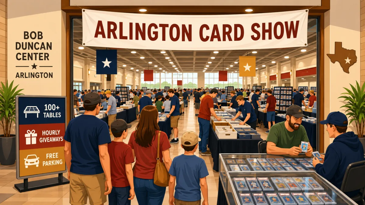 Illustrated interior of Bob Duncan Center with families and collectors browsing card tables beneath an Arlington Card Show banner with callouts for 100+ tables, hourly giveaways, and free parking.