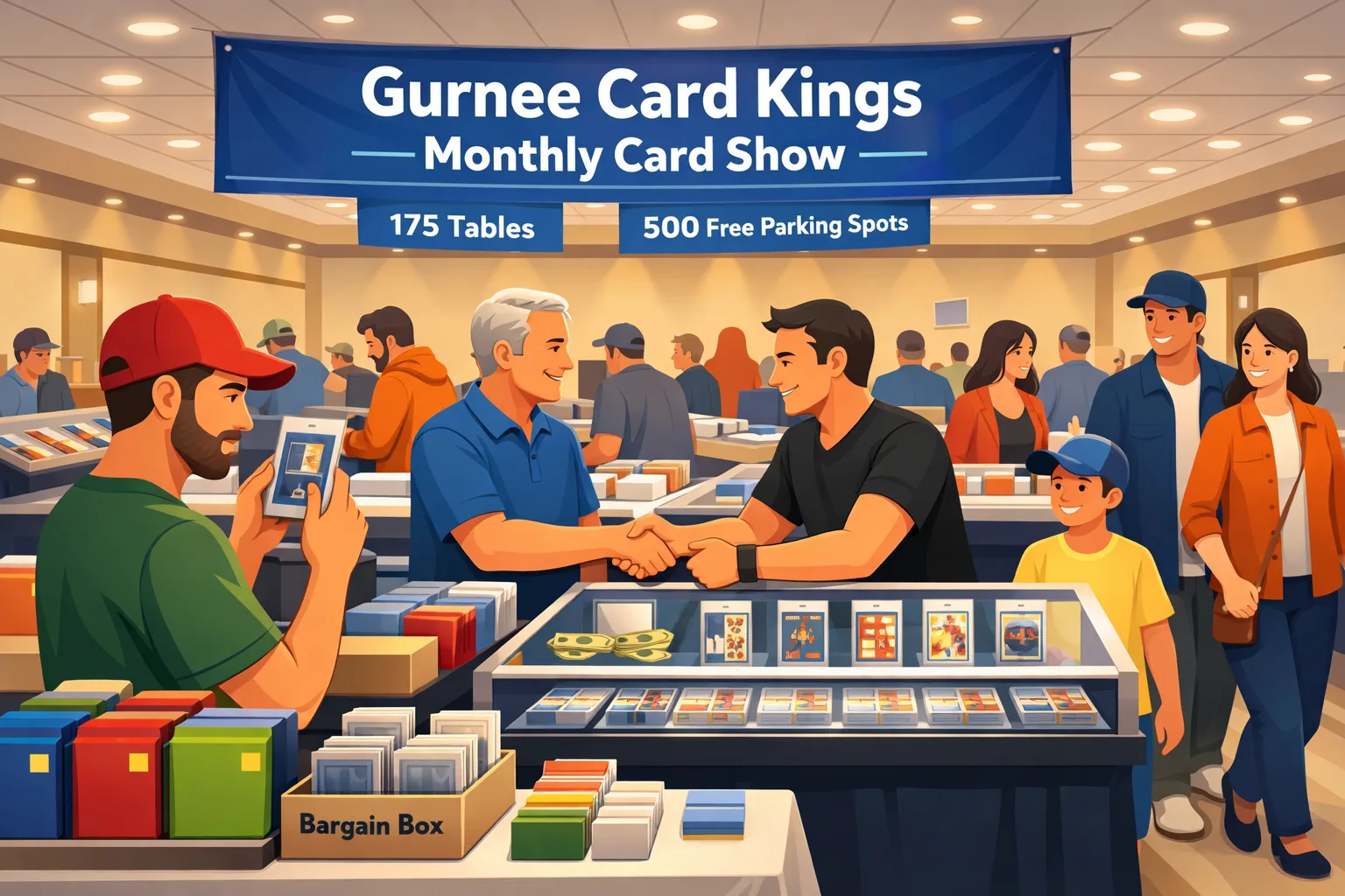 Hero illustration of the Gurnee Card Kings Monthly Card Show in Waukegan, featuring an upscale event hall with sports and Pokémon card tables, display cases, binders, slabs, collectors browsing, and two men making a card deal.