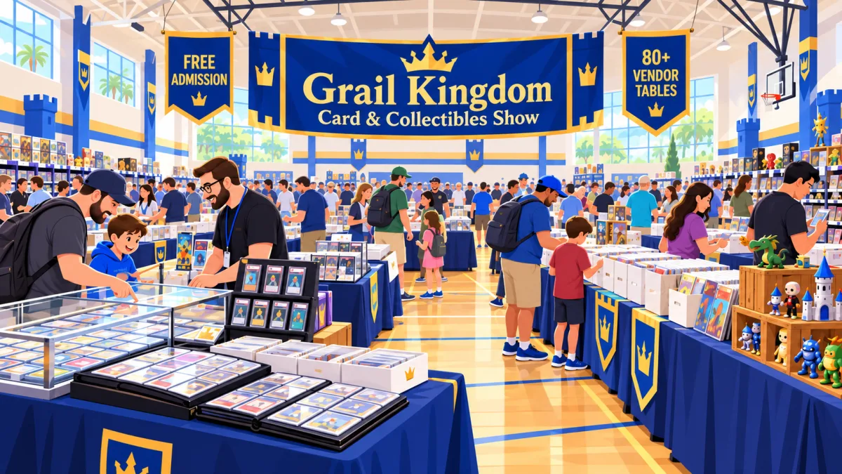 Illustrated card show inside the Wickham Park Community Center gym, with vendor tables, display cases, binders, collectors, and a Grail Kingdom Card & Collectibles Show banner.