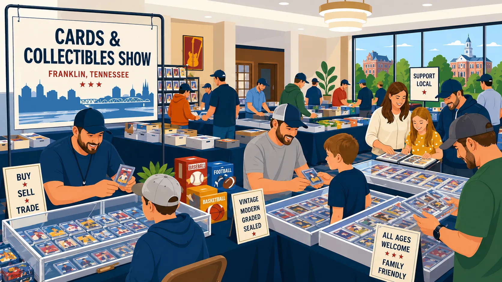 Cards & Collectibles Show in Franklin, Tennessee with graded baseball and football cards, sealed wax boxes, and families browsing buy/sell/trade tables.