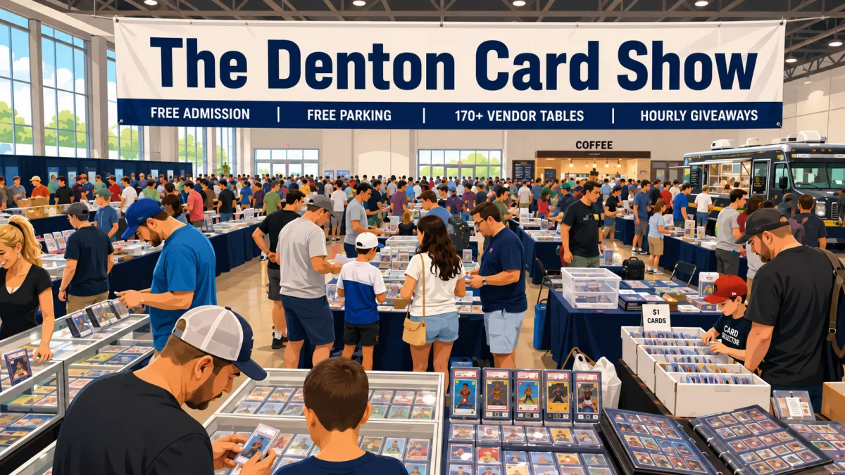 The Denton Card Show banner over a packed convention hall with graded card display cases, dollar-card bins, and 170+ vendor tables in Denton, Texas