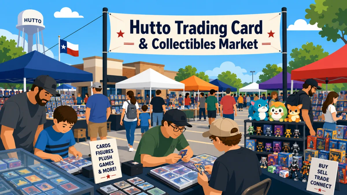 Hutto Trading Card & Collectibles Market outdoor event in Hutto, TX with vendor tents, trading card tables, plush and figure displays, and shoppers browsing.