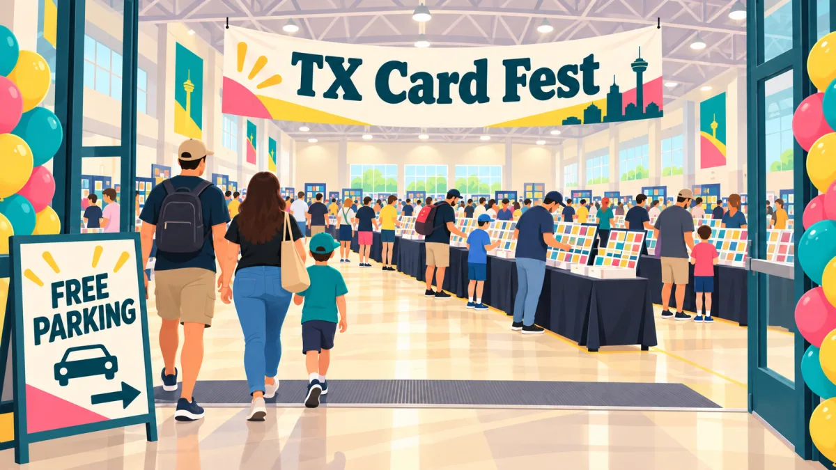 Families and collectors browse trading card displays along rows of vendor tables inside a bright sports hall beneath a TX Card Fest banner. A sign near the entrance advertises free parking.