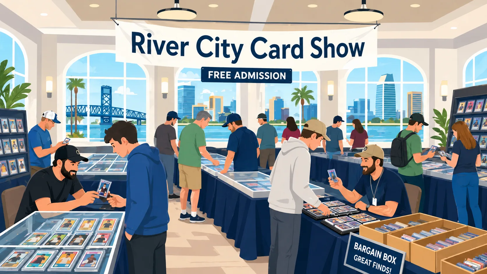River City Card Show in Jacksonville, FL with a Free Admission banner, collectors browsing graded card display cases, bargain box bins, and waterfront skyline views.