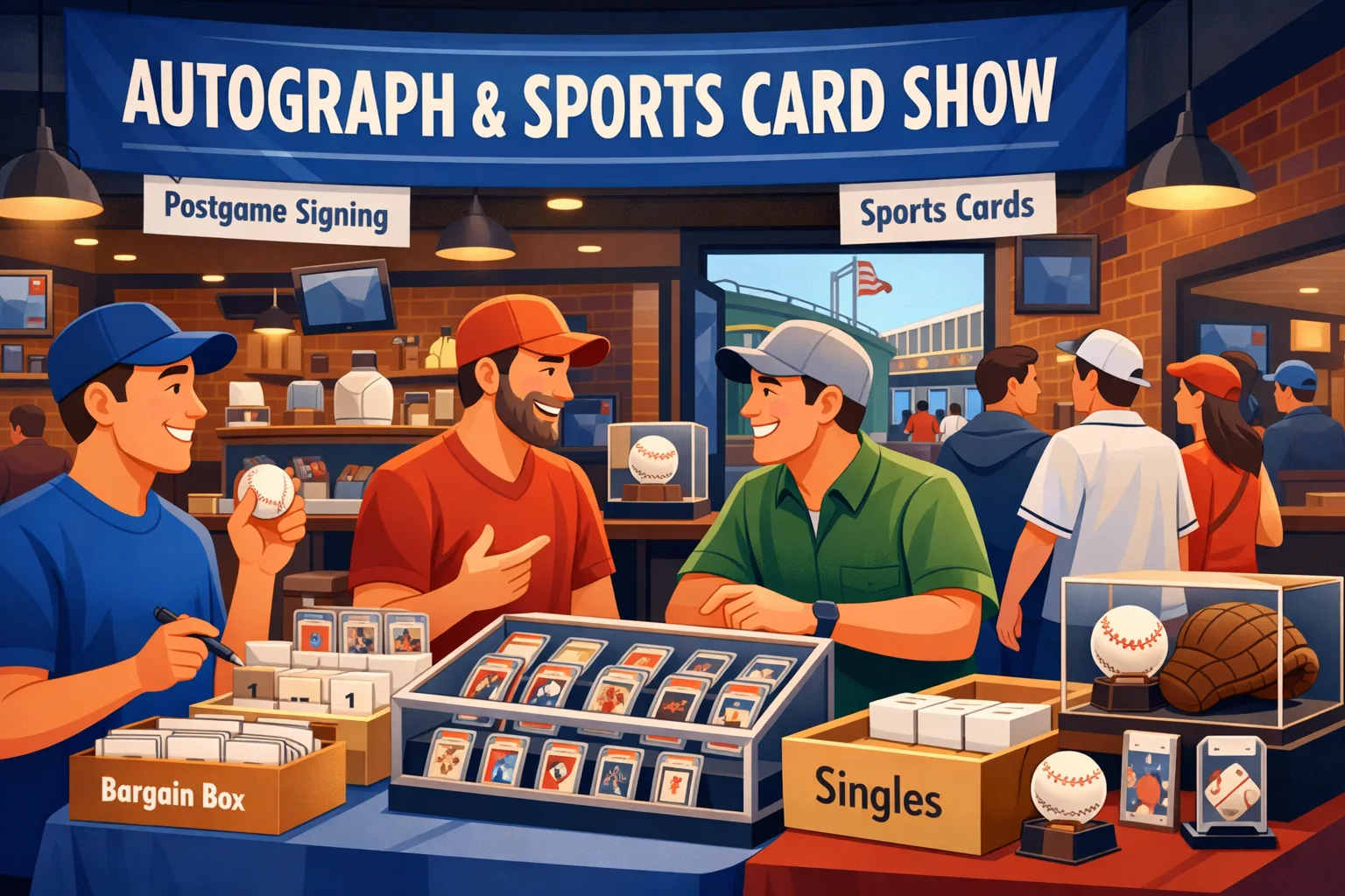 Illustration of the Autograph & Sports Card Show in Chicago at a Wrigleyville-style bar event space, with sports card display cases, graded slabs, signed memorabilia, and collectors browsing after a game.