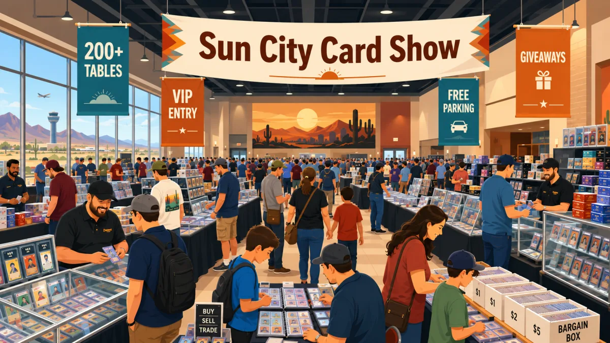 Sun City Card Show with 200-plus vendor tables, glass display cases of graded cards, and a crowded buy sell trade floor under a desert mural backdrop.