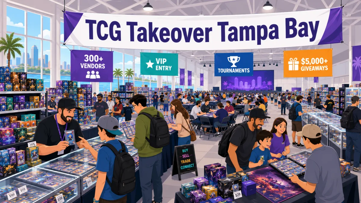 TCG Takeover Tampa Bay convention hall packed with vendor booths, glass cases of graded cards, sealed booster boxes, and tournament play tables.