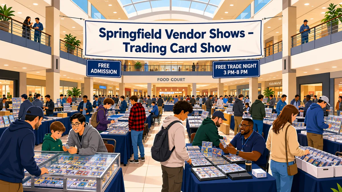 Illustration of collectors browsing card tables in a shopping mall Center Court beneath a Springfield Vendor Shows – Trading Card Show banner with free admission and trade night callouts.