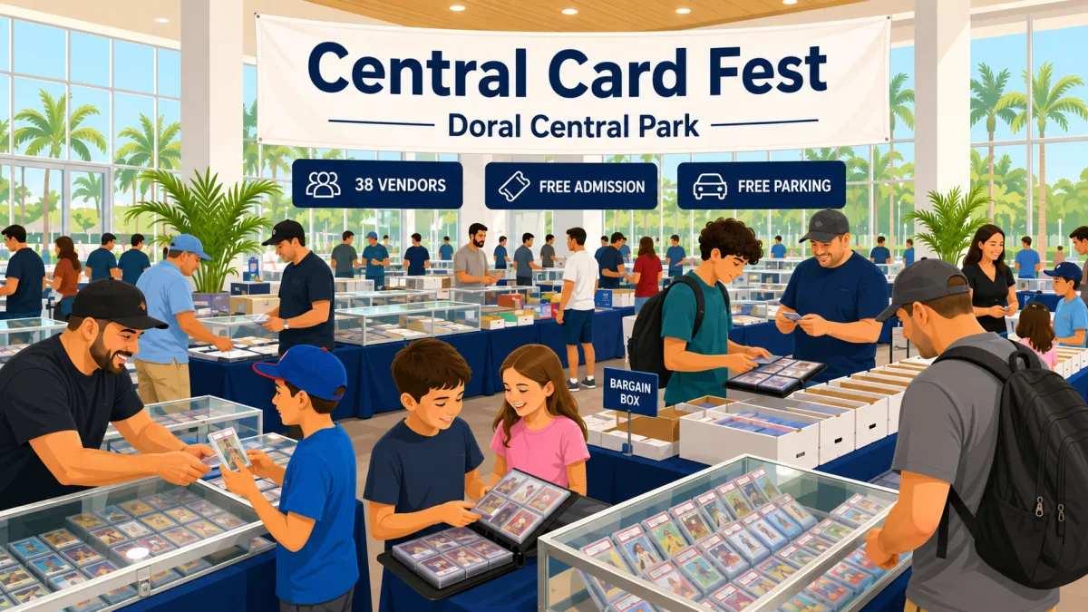 Illustration of collectors and families browsing card tables beneath a Central Card Fest banner at Doral Central Park.