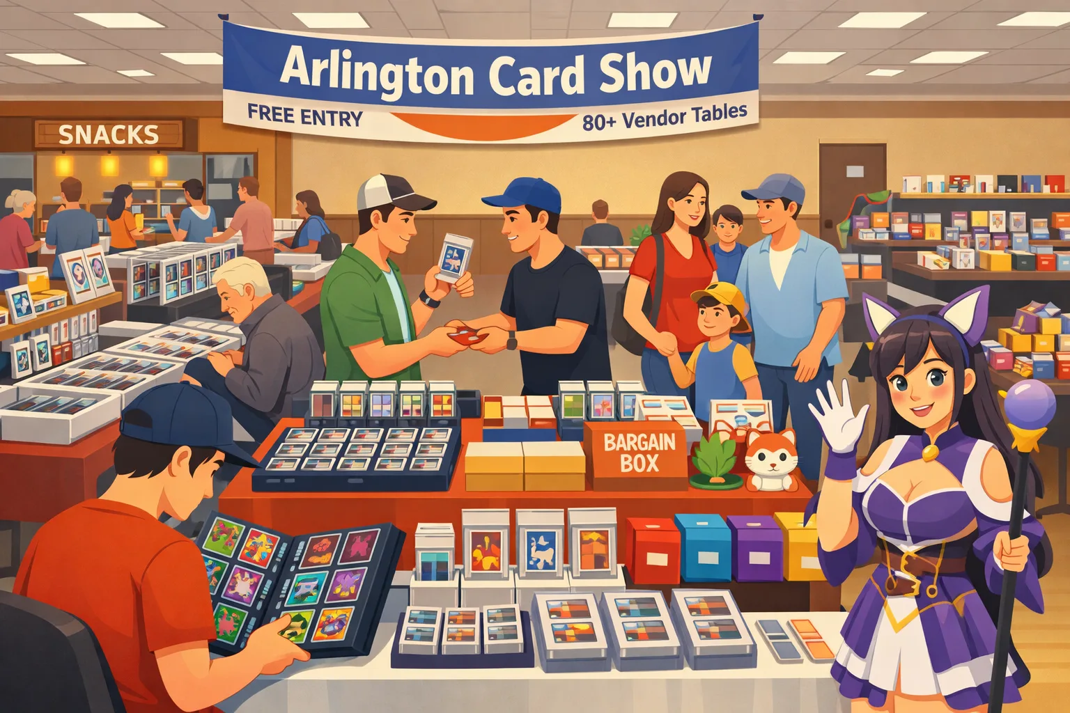 Arlington Card Show hero illustration in Arlington, Texas, showing a busy recreation center with vendor tables, collectors browsing sports cards and TCG items, a cosplayer on the show floor, and a family-friendly crowd on June 20, 2026.