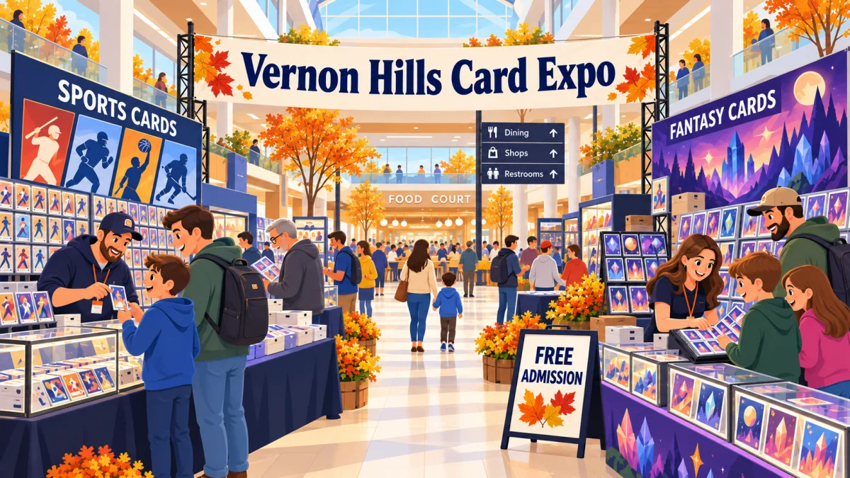 Collectors and families browse trading card displays in a bright indoor mall beneath a Vernon Hills Card Expo banner. Separate vendor areas and a free admission sign frame the scene.