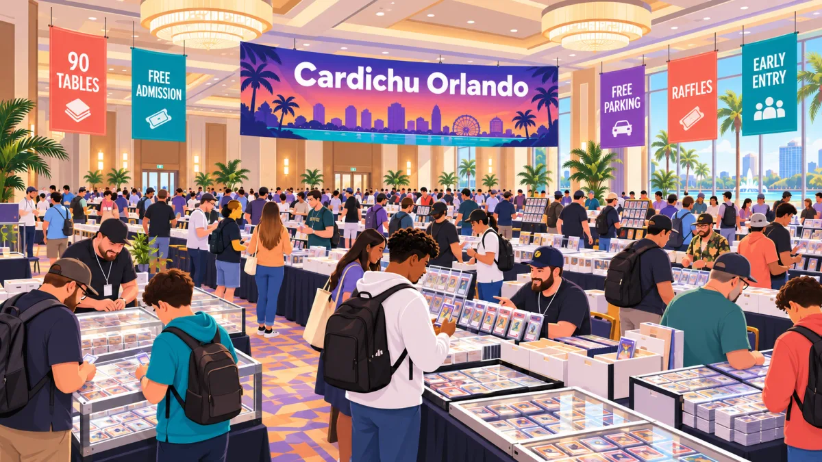 Illustrated Cardichu Orlando show floor inside a bright hotel ballroom, with collectors browsing vendor tables beneath event and free-admission signage.
