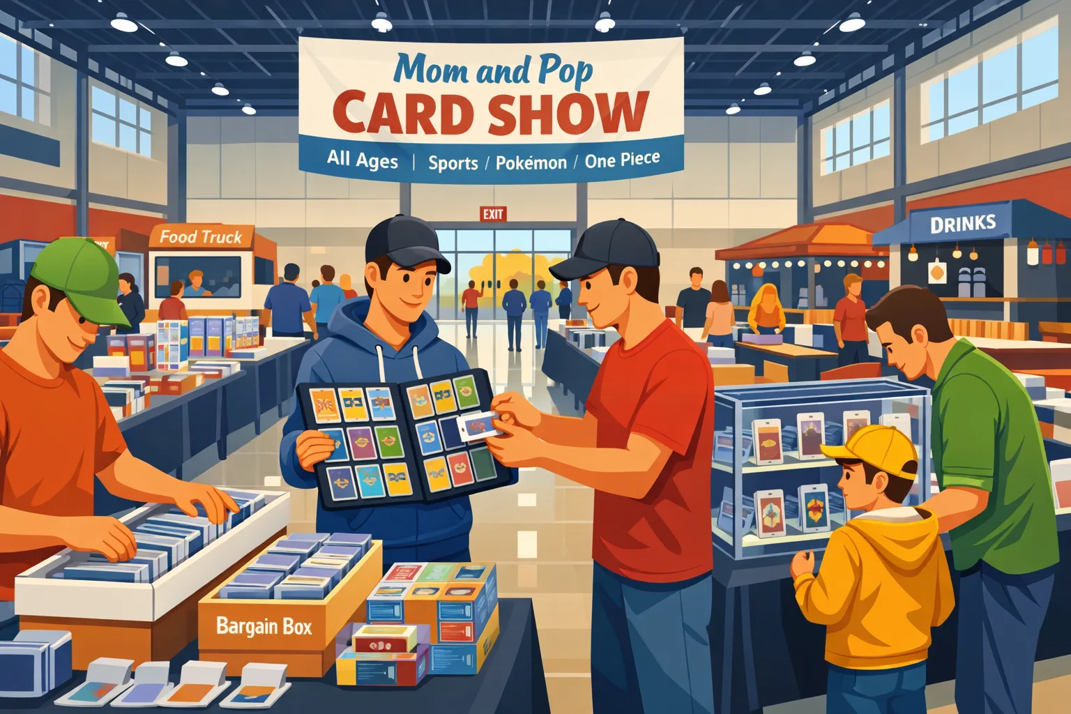 Mom and Pop Card Show at The Fieldhouse in Leander, Texas on September 13, 2026, with collectors browsing sports cards, Pokémon, One Piece, and other TCG items, while one man uses his phone to photograph another man’s impressive binder collection.
