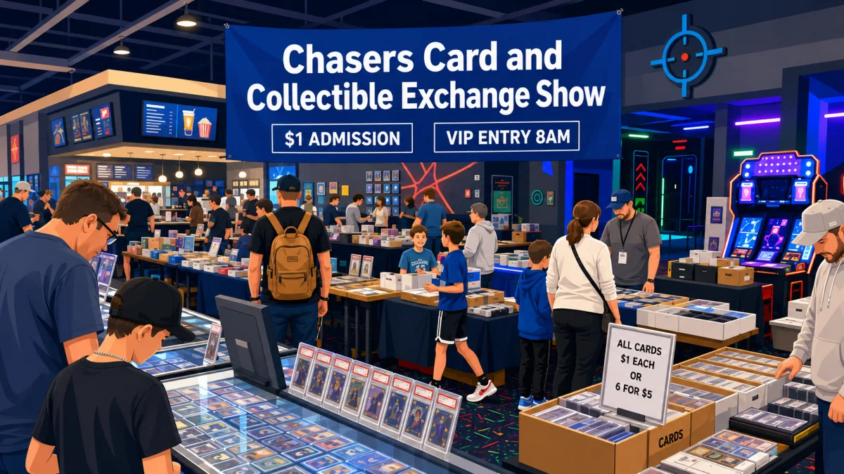 Chasers Card and Collectible Exchange Show at an arcade venue, with attendees browsing glass cases of graded card slabs and $1 bargain card boxes