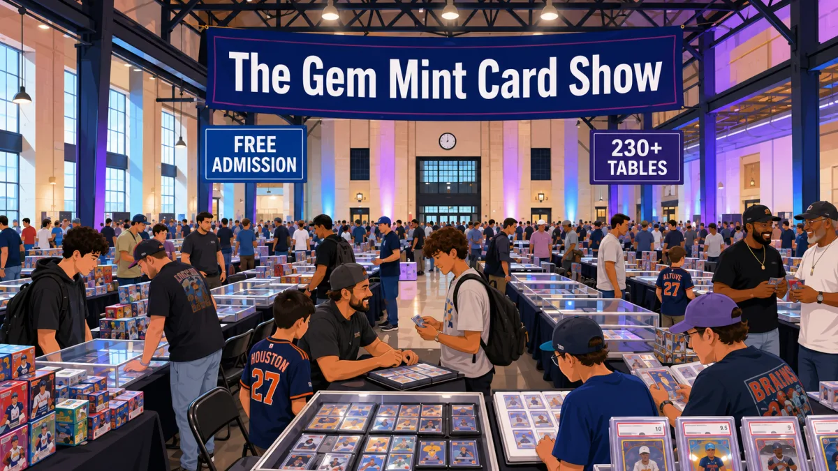 The Gem Mint Card Show at POST Houston, Texas, with 230+ tables of graded cards, sports memorabilia displays, and free admission for collectors