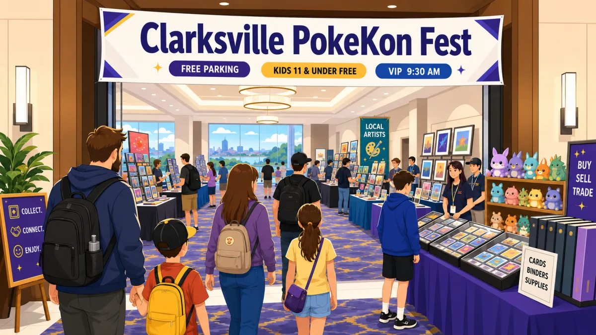 Clarksville PokeKon Fest at a hotel ballroom, families browsing vendor tables with card display cases, plush figures, and a Buy Sell Trade booth