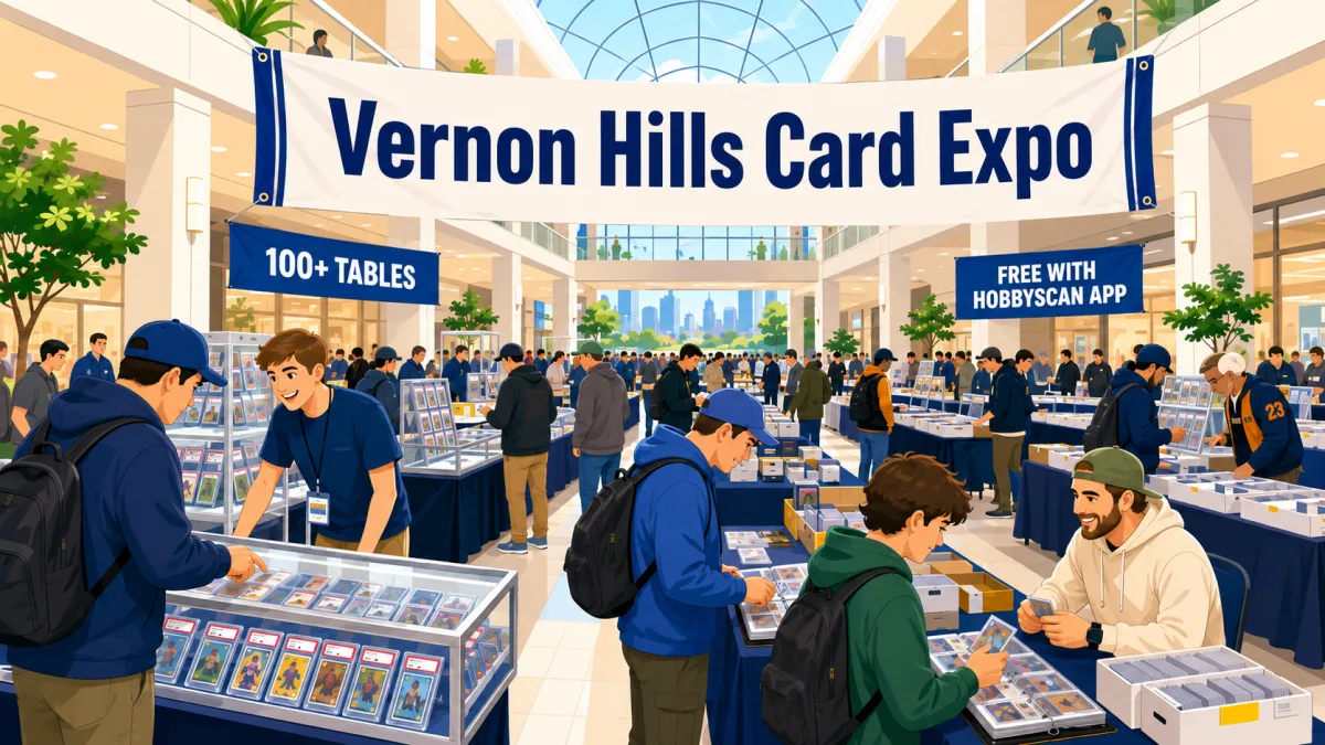 Vernon Hills Card Expo banner over a sunlit mall atrium with 100+ dealer tables, graded slab display cases, and collectors browsing binders and boxes.