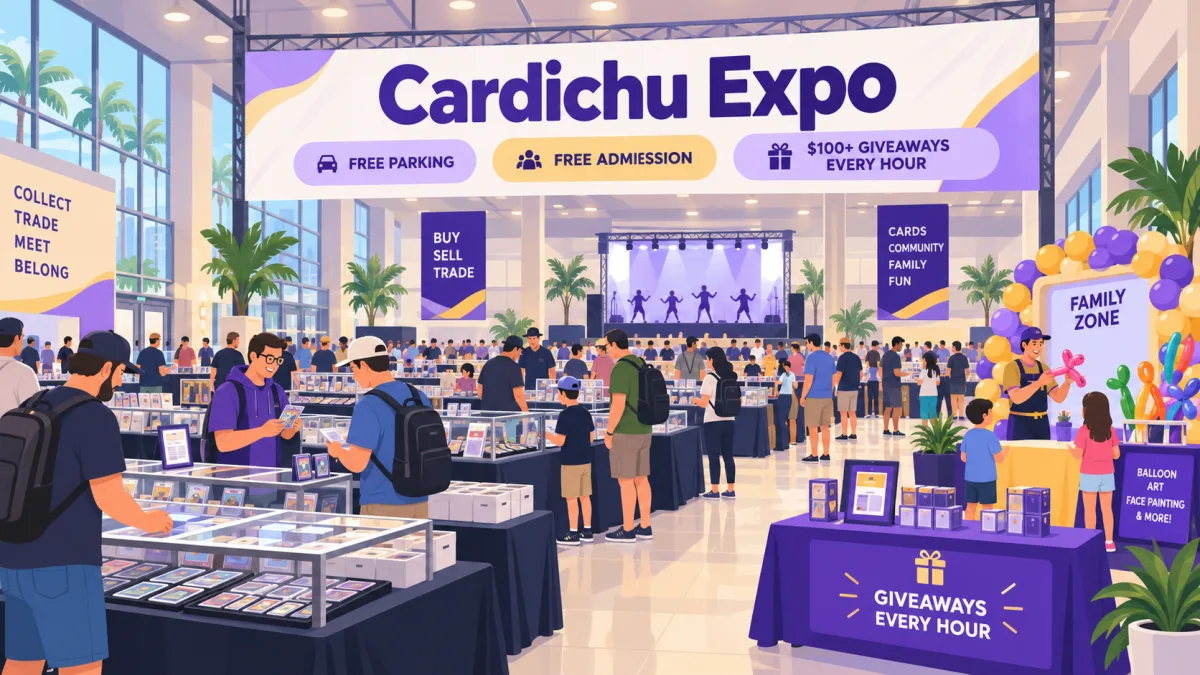 Illustrated Cardichu Expo show floor with families browsing trading-card tables, a balloon artist, a dance area, and signs for free admission, free parking, and hourly giveaways.