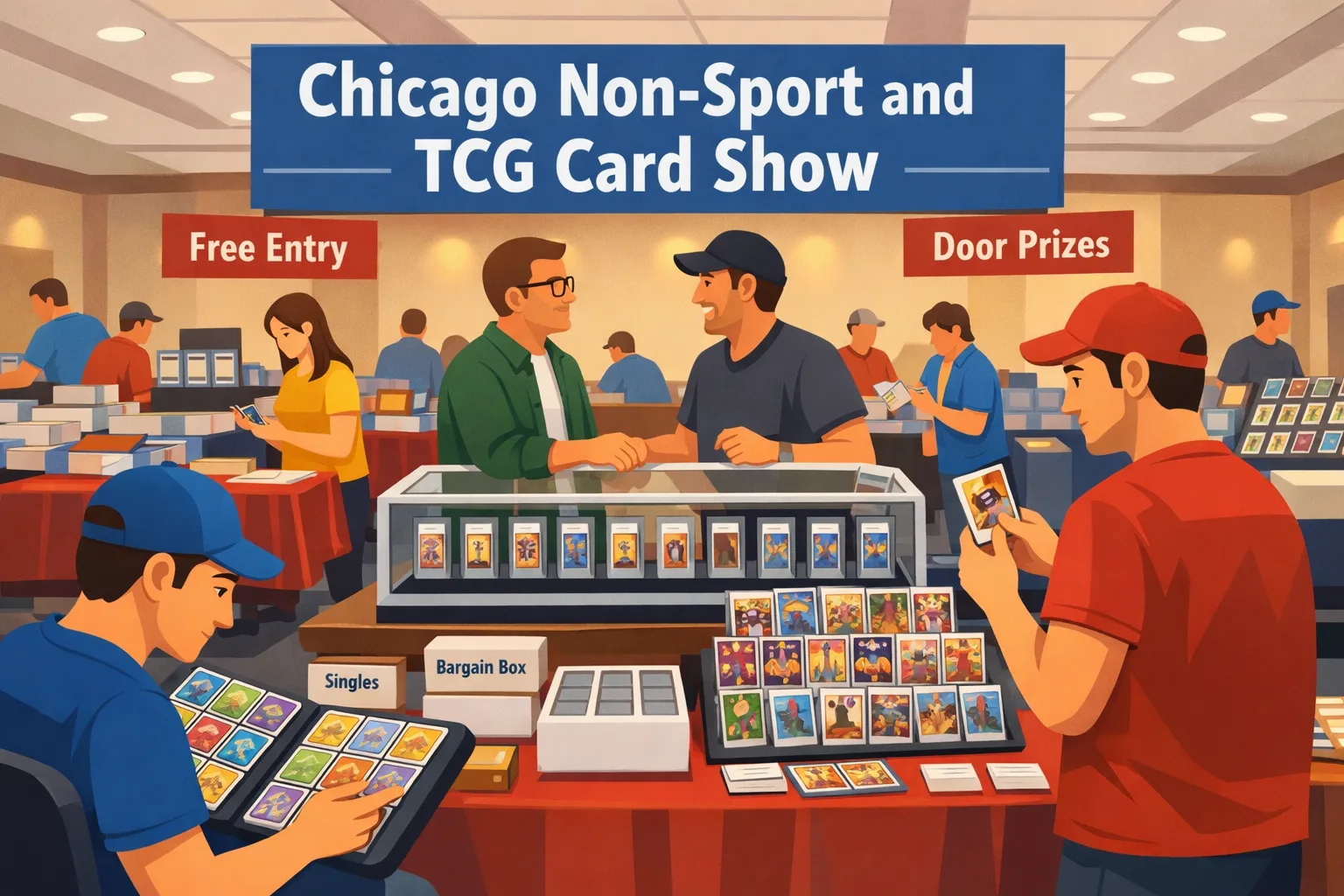 Chicago Non-Sport and TCG Card Show illustration in Carol Stream hotel ballroom with vendor tables, display cases, binders, slabs, and collectors browsing. One man checks a binder, two men shake hands, and a man in a cap inspects a card.