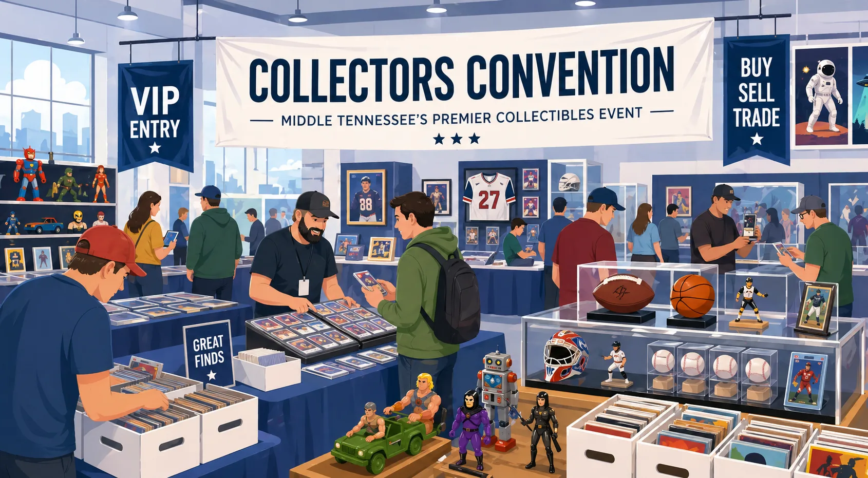 Collectors Convention in Middle Tennessee with crowded card tables, signed sports memorabilia, vintage action figures, and VIP entry banner.