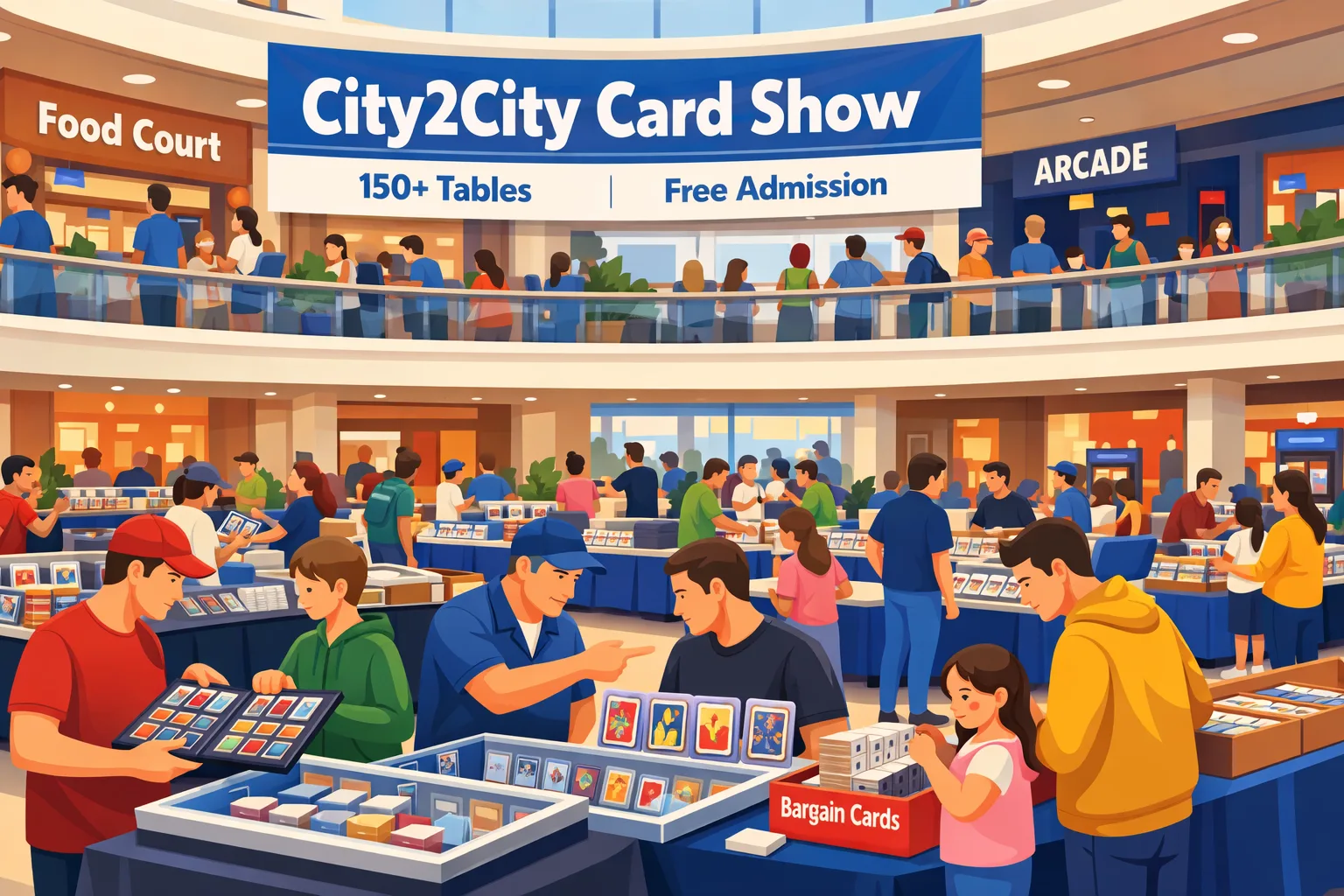 City2City Card Show in Lombard, Illinois, inside a mall center court with vendor tables on two levels, glass cases, slabs, binders, bargain boxes, and collectors browsing in a busy weekend hobby setting.