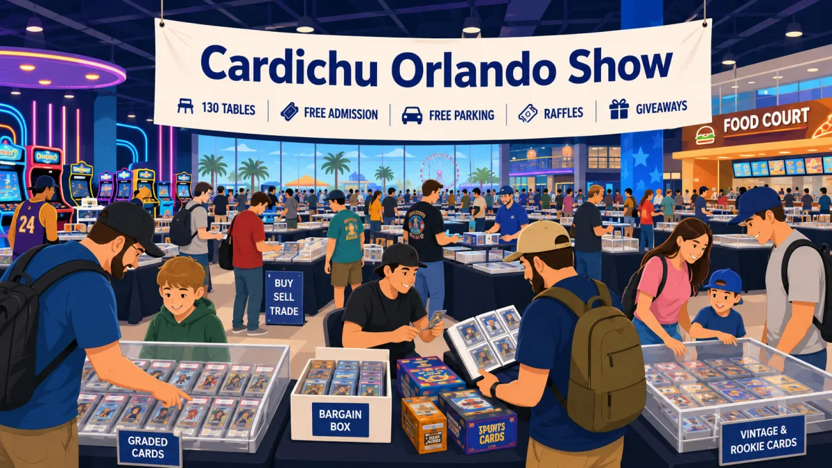 Cardichu Orlando Show inside a family entertainment center with arcade games, food court, 130 vendor tables, graded card cases, and a bargain box area.