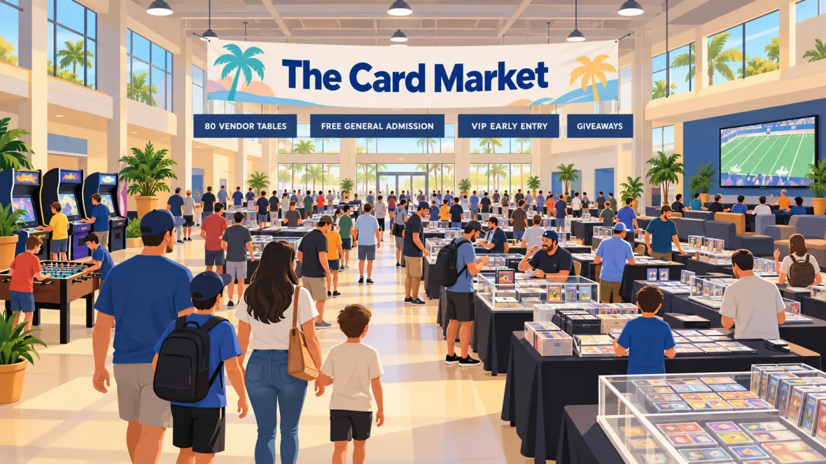 Illustration of families and collectors browsing The Card Market inside a Port Charlotte recreation center, with vendor tables, arcade activities, and signage.