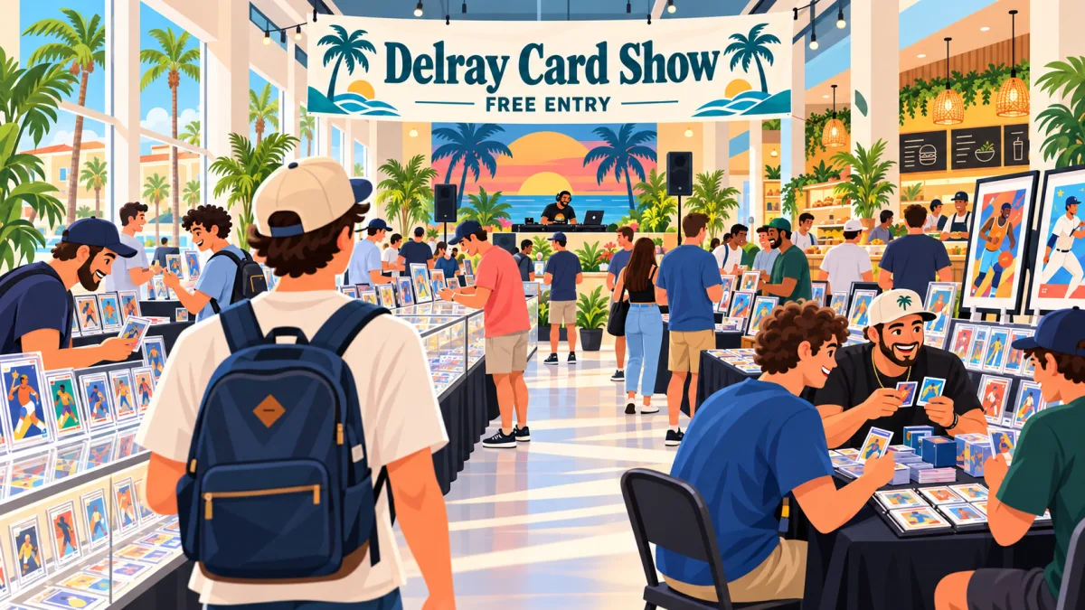 Collectors browse card displays and binders inside a bright lodge hall beneath a Delray Card Show banner and free entry sign. A pack-opening table, DJ setup, and food counter complete the scene.
