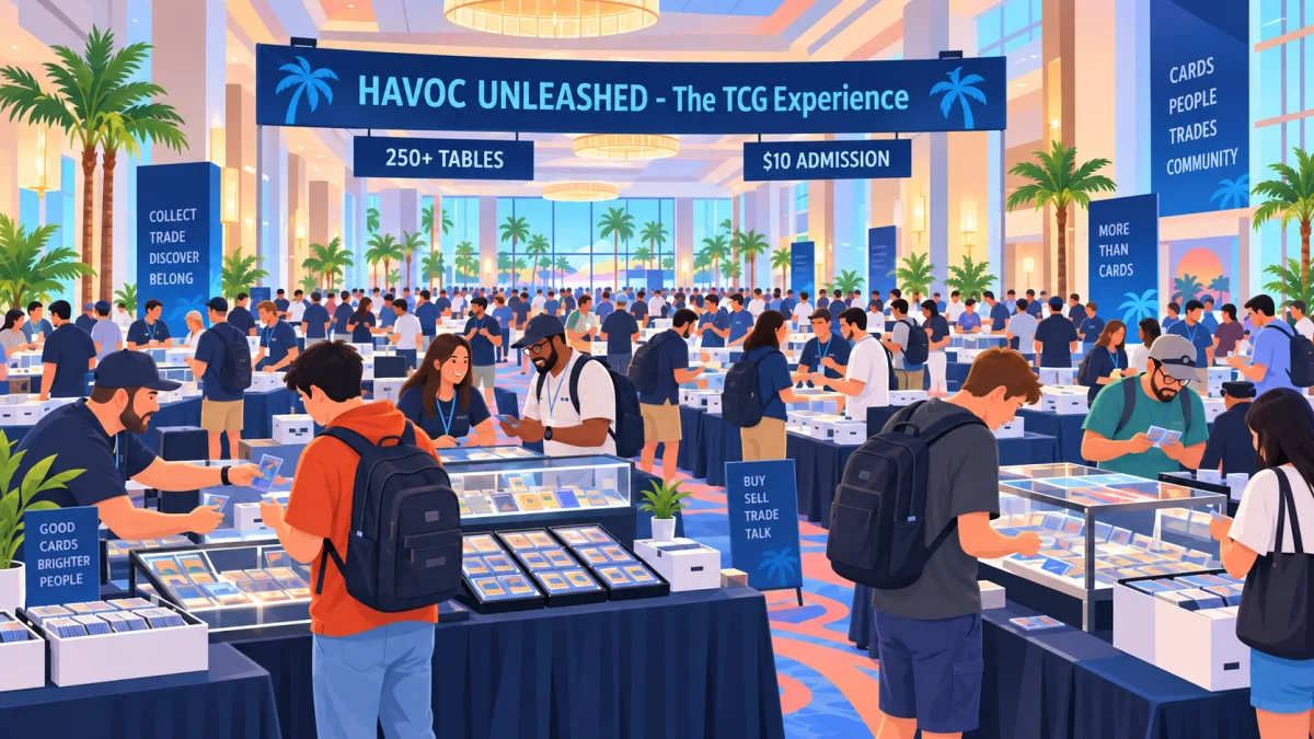 Vector illustration of the HAVOC UNLEASHED TCG Experience in an Orlando resort ballroom, with collectors browsing and trading cards across 250+ vendor tables.