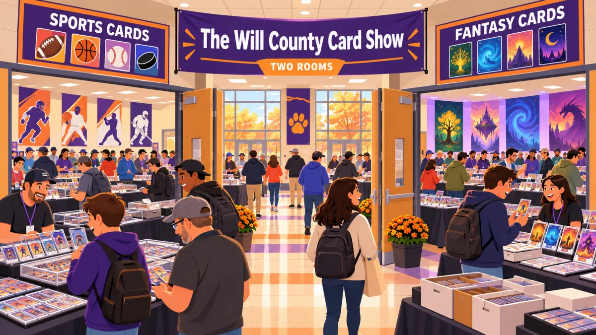 Collectors browse card displays in two adjoining school rooms beneath a banner reading The Will County Card Show. Tables hold binders, graded cards, display cases, and sealed boxes.