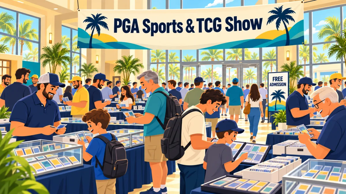 Collectors browse card tables and display cases inside a bright community center beneath a PGA Sports & TCG Show banner. A free admission sign stands near the entrance, with palm trees visible through the windows.