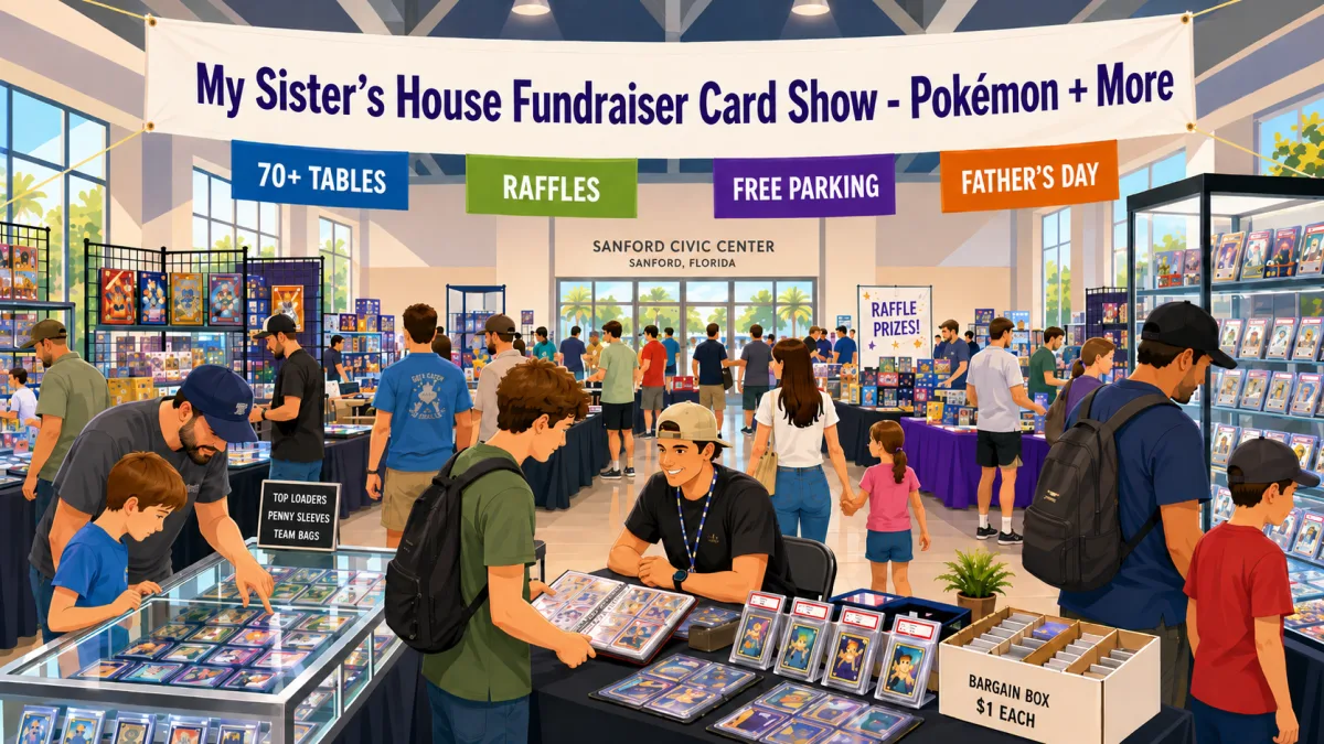 My Sister's House Fundraiser Card Show at Sanford Civic Center, Florida — 70+ tables, glass cases of graded Pokémon cards, and a $1 bargain box.