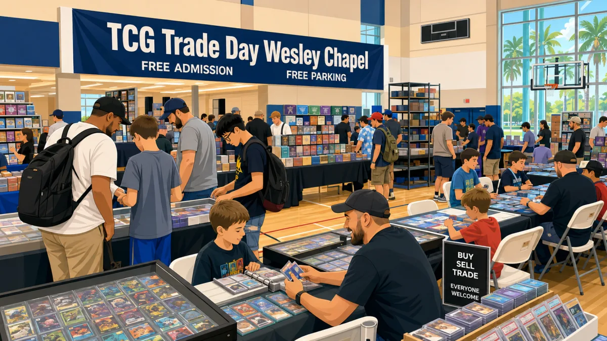 TCG Trade Day Wesley Chapel at a Florida gymnasium, with vendor tables of graded slabs and binders as kids and collectors buy, sell, and trade cards.