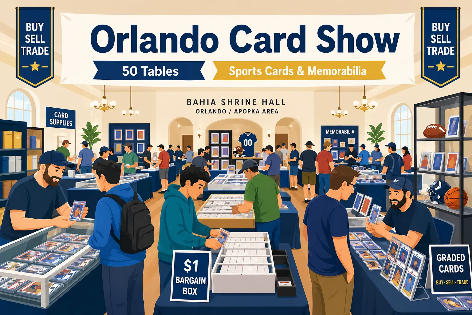 Orlando Card Show at Bahia Shrine Hall, Apopka area — 50 tables of sports cards, graded displays, memorabilia shelves, and a $1 bargain box.