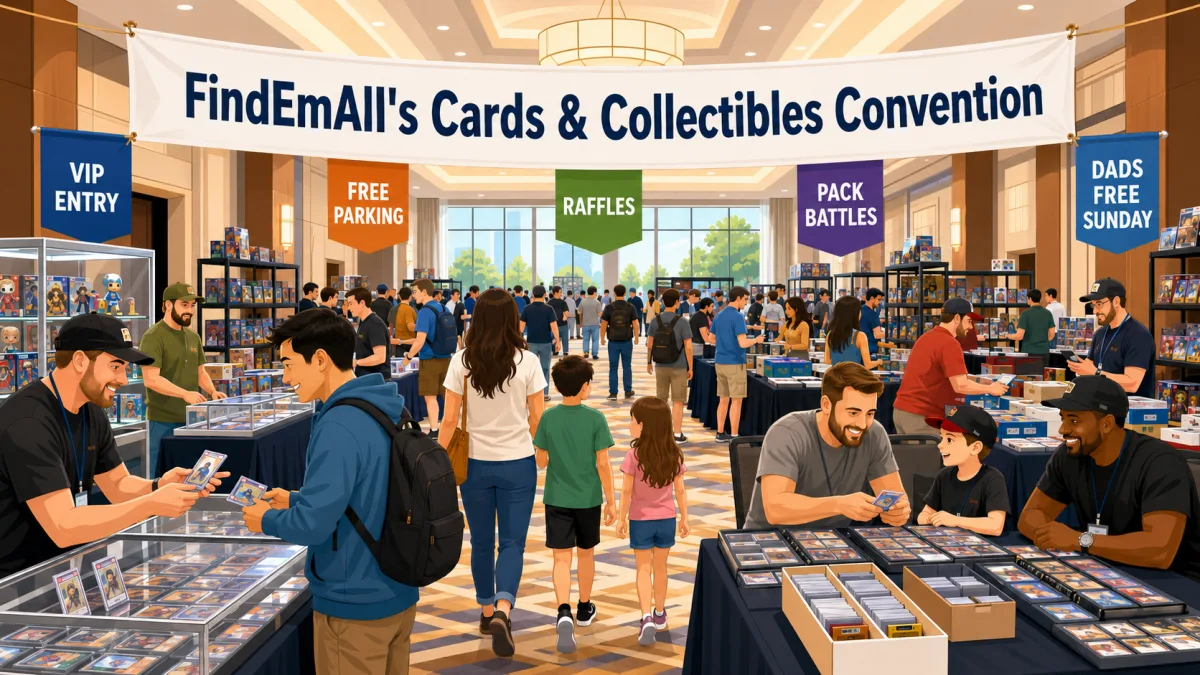 FindEmAll's Cards and Collectibles Convention fills a busy ballroom with graded card display cases, collectible figures, and families browsing tables.
