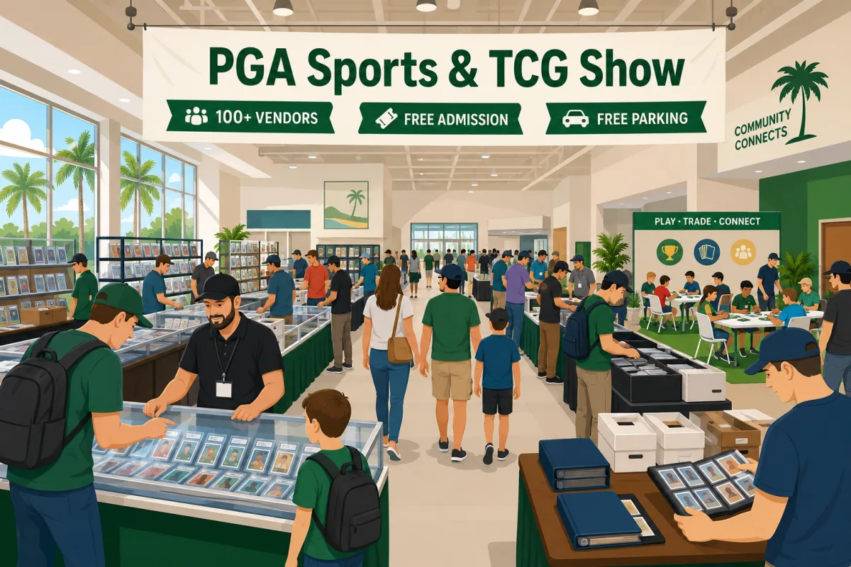 Illustration of collectors browsing vendor and trading tables beneath a PGA Sports & TCG Show banner inside a bright community-center showroom.