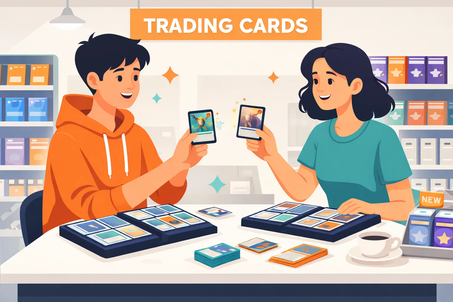 Two collectors trading cards across a table inside a local card shop.