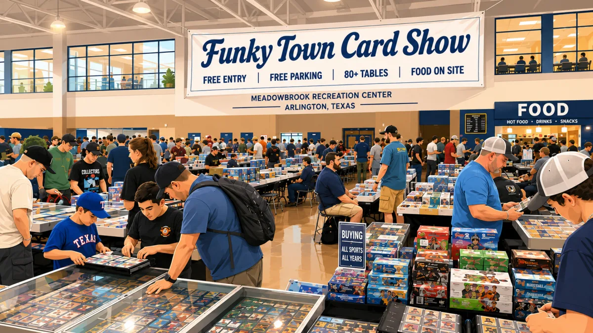 Funky Town Card Show at Meadowbrook Recreation Center in Arlington, Texas, 80+ tables of sports cards, booster boxes, and a buying booth for all sports and years.