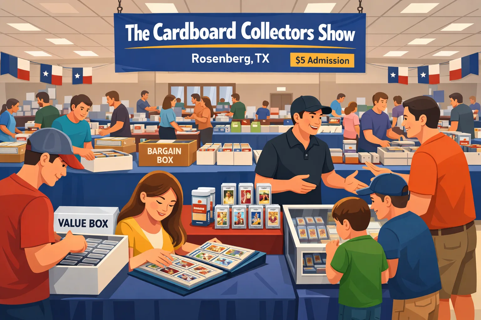 Illustration of The Cardboard Collectors Show in Rosenberg, Texas, in June 2026, showing a busy indoor card show with vendor tables, sports card boxes, Pokémon binders, display cases, and collectors browsing.