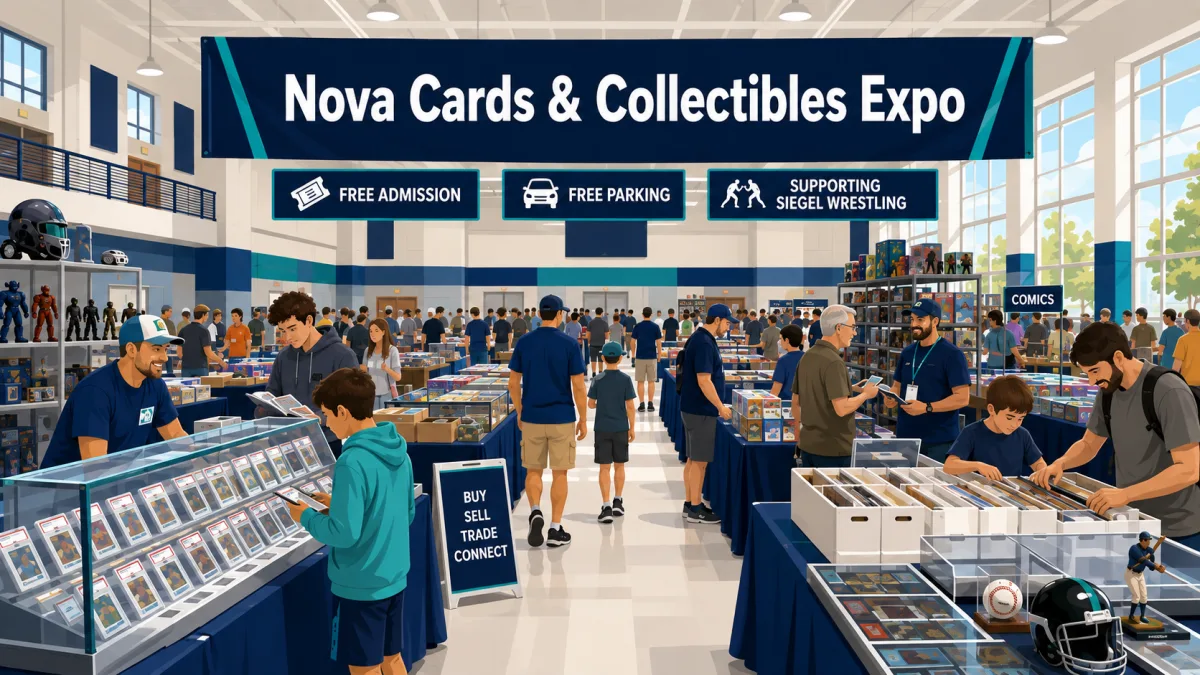 Illustration of families and collectors browsing cards, comics, games, and toys beneath a Nova Cards & Collectibles Expo banner inside a Murfreesboro high school event hall.