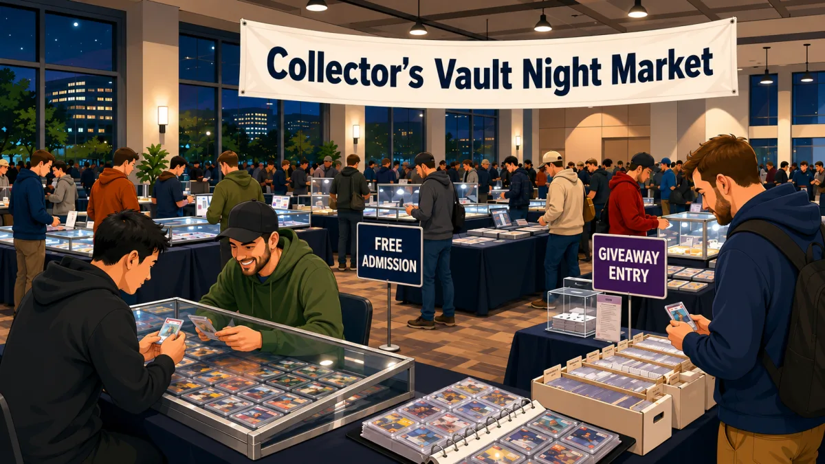 Illustration of collectors browsing card tables beneath a Collector's Vault Night Market banner with free admission and giveaway entry callouts.