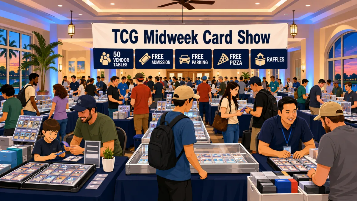 Illustration of families and collectors browsing card tables inside a Lakeland clubhouse beneath a TCG Midweek Card Show banner with free-admission and raffle callouts.