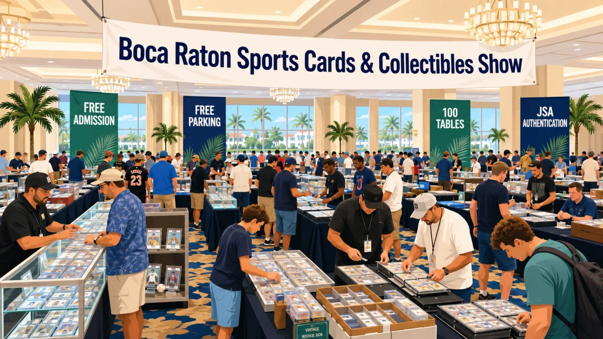 Boca Raton Sports Cards & Collectibles Show floor with 100 vendor tables, graded card display cases, vintage rookie boxes, and JSA authentication. Free admission and free parking.