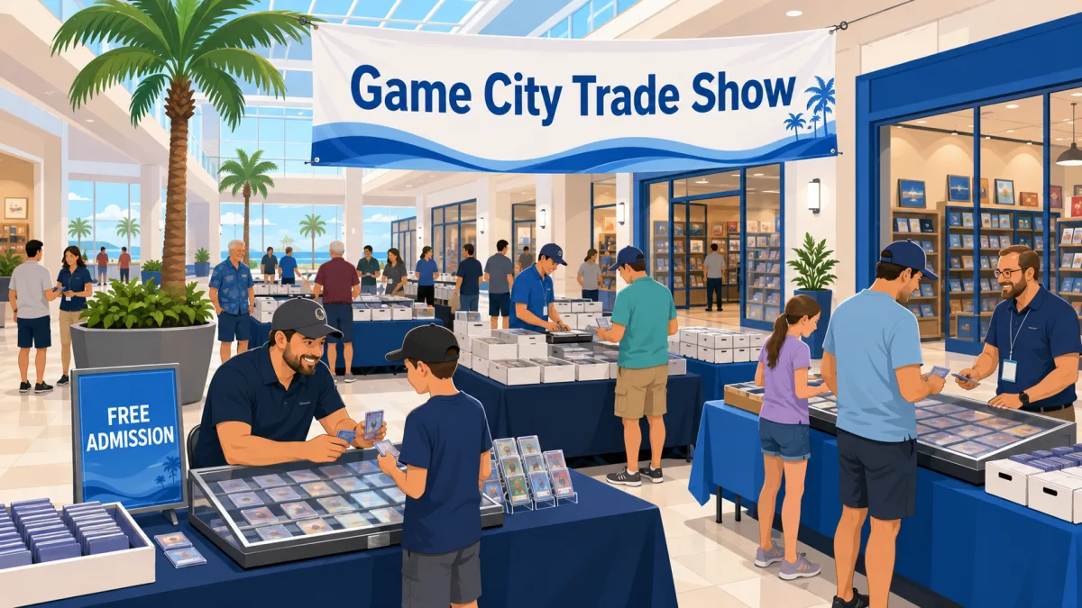Illustrated compact card show in a bright mall concourse with collectors browsing tables beneath a Game City Trade Show banner and free-admission sign.