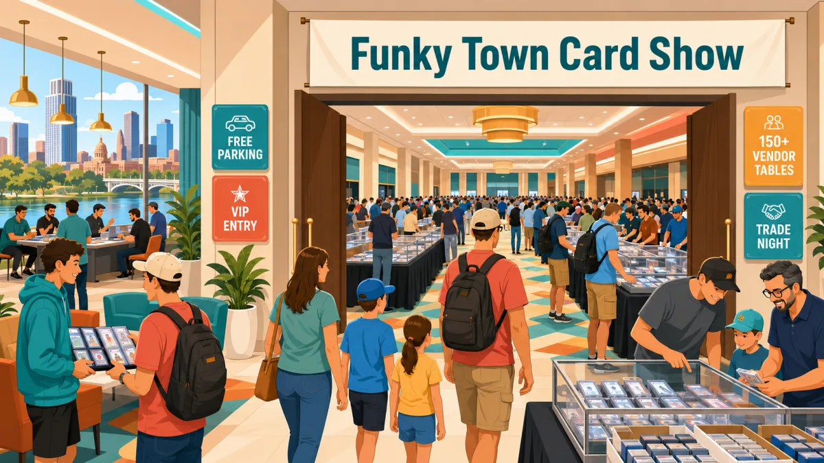 Illustration of collectors entering a hotel conference-center card show beneath a Funky Town Card Show banner, with vendor tables and a lobby trading area.