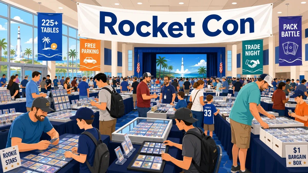 Rocket Con card show with 225+ vendor tables, crowds browsing card display cases, dollar bargain box bins, and a stage with a rocket launch screen.