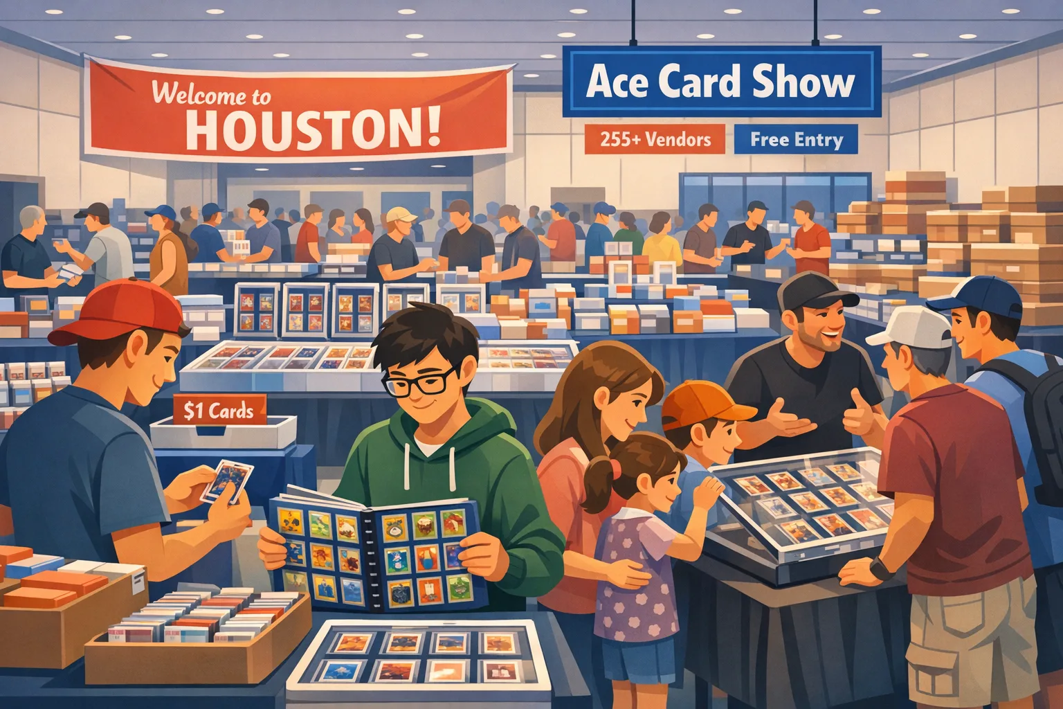 Ace Card Show Houston April 2026 illustration of a busy trading card show with 255+ vendors, sports cards, Pokémon binders, display cases, and collectors inside a large Houston event hall.