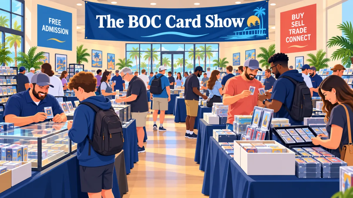 Illustration of collectors browsing and trading cards beneath The BOC Card Show and free-admission signage inside a Yulee collectibles event space.